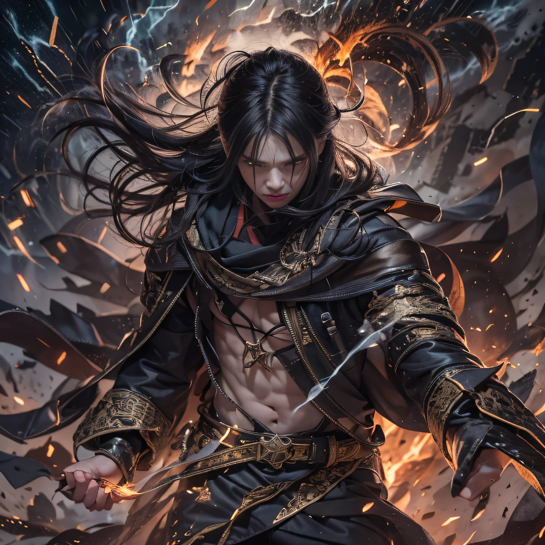 （Doomsday ruins）eyes filled with angry，He clenched his fists，Rush up，Deliver a fatal blow to your opponent，full bodyesbian，Full Body Male Mage 32K（tmasterpiece，hyper HD）Long flowing black hair，Campsite size，zydink， a color， The scene of the explosion（Doomsday ruins）， （Linen batik scarf）， Angry fighting stance， looking at the ground， Batik linen bandana， Chinese python pattern long-sleeved garment， （Abstract propylene splash：1.2）， Dark clouds lightning background，Flour flies（realisticlying：1.4），Black color hair，Flour fluttering，Background fog， A high resolution， the detail， RAW photogr， Sharp Re， Nikon D850 Film Stock Photo by Jefferies Lee 4 Kodak Portra 400 Camera F1.6 shots, Rich colors, ultra-realistic vivid textures, Dramatic lighting, Unreal Engine Art Station Trend, cinestir 800，Flowing black hair,（（（Male mage））），The male mage was furious，