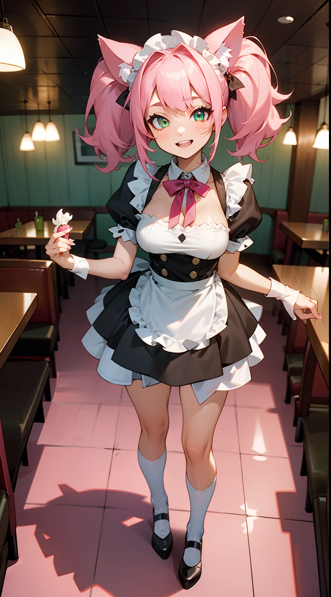 1girl,solo,happy face,teeth,white and black maid outfit,medium tits,pink cat ears,light pink hair,mega twintails,green eyes,(((standing in a restaurant))),