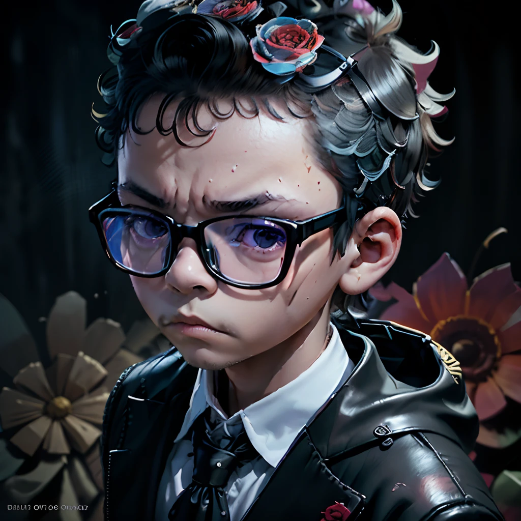 Day of the Dead chibi-boy wearing glasses in stylish suit Over text "GUTTO NERD" In serious black, withered flowers and Day of the Dead candles 3D rendering, fashion, photography, illustration, anime, poster, photography, 3D rendering, typography, fashion, illustration, dark fantasy