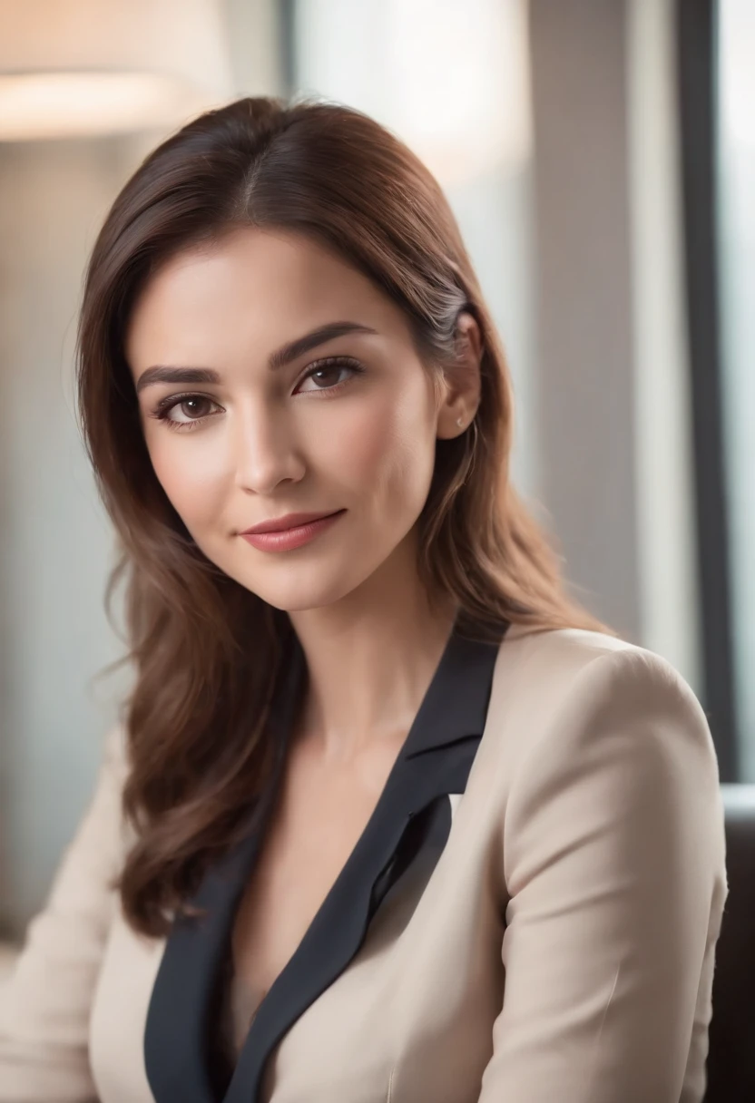 a picure of a gorgeous business-woman, brown eyes, business portrait, gently smiling, looking into the camera, dressed corporate in a suit, at a business ,  Style: classic