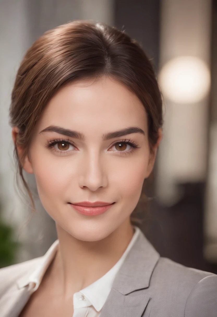 a picure of a gorgeous business-woman, brown eyes, business portrait, gently smiling, looking into the camera, dressed corporate in a suit, at a business ,  Style: classic