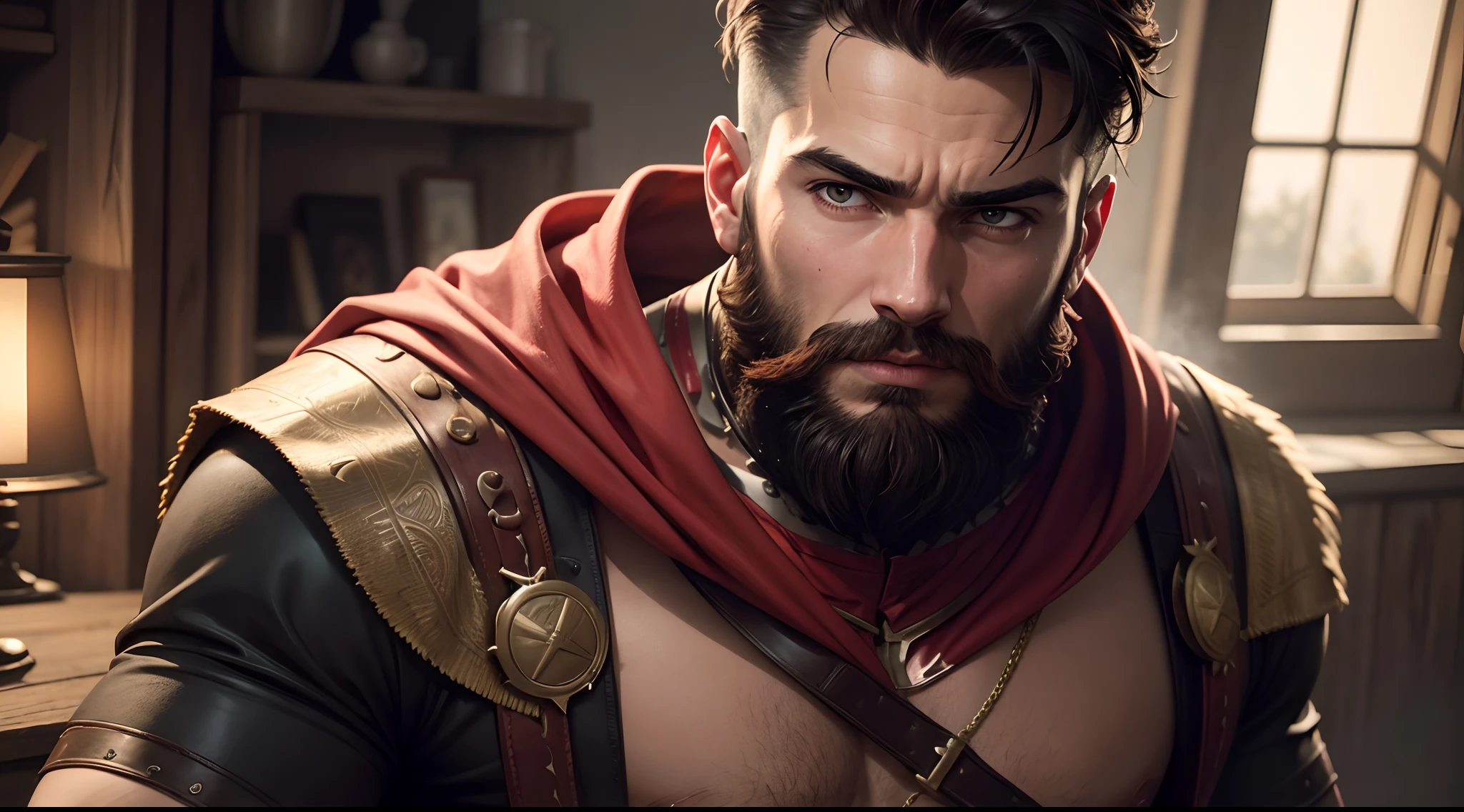 Close-up of a man with a beard and a red cape, Maxime Jacobs, par Roman Bezpalkiv, Red and cinematic lighting, par Pogus Caesar, inspired by Roman Bezpalkiv, Film fixe 8 k, Brutus, gladiateur, 300 Le film, Portrait de Homelander, wojtek fus, par Zack Snyder, Gladiateur romain