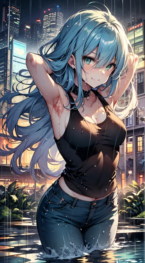top-quality、Top image quality、​masterpiece、teens girl((sixteen years old,My whole body is full of wounds、Black tattered tank top,Tattered blue long pants、Best Bust、Bust 85、Light blue shiny hair、Longhaire,Blue-green eyes、open chest wide、Valley、Happiness、A s...