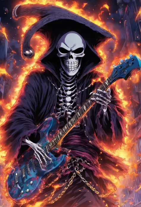 Japanese manga onepiece about a grim reaper mascot is fly and play a electric guitar with angry face and the spike chain around the neck with camera angle