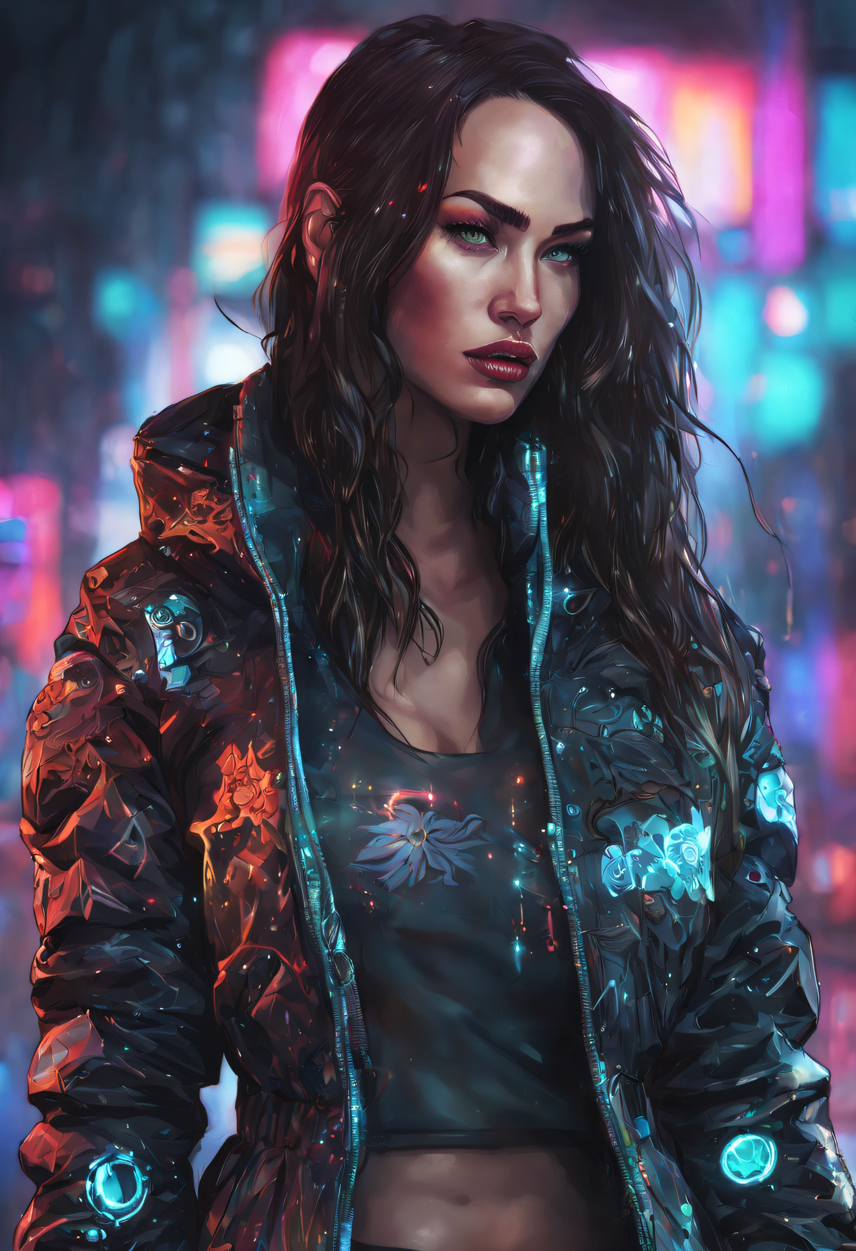 detailed portrait megan fox neon operator girl cyberpunk futuristic neon reflective puffy coat, decorated with traditional japanese ornaments by ismail inceoglu dragan bibin hans thoma greg rutkowski alexandros pyromallis nekro rene margitte illustrated perfect face, fine details, realistic shaded, fine - face, pretty face