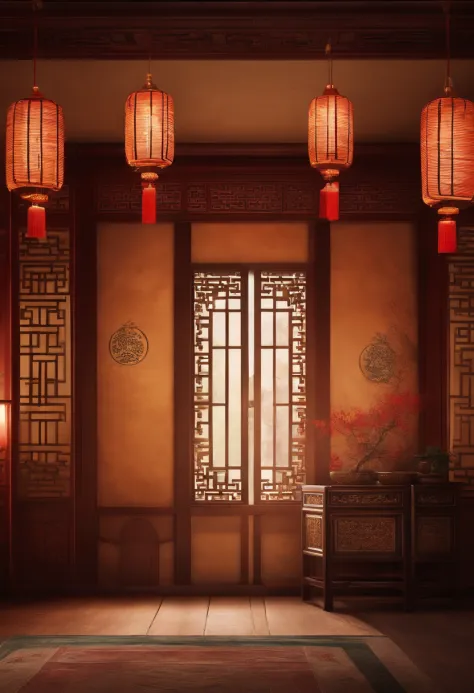 Background wall in ancient study style，On the wall is a Chinese painting style,  Chinese style, with ancient chinese aesthetic, Artistic interpretation, There are draperies and ancient lanterns