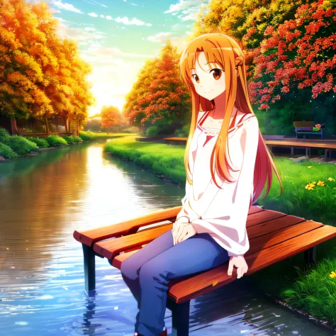Digital Art, (girl, Red_hair, Flowers, baggy jeans, White shirt, discret smile, Cute look), (Sitting on a bench, river in the background, the golden hour),, Daniil Sponitsky Dzegman --auto