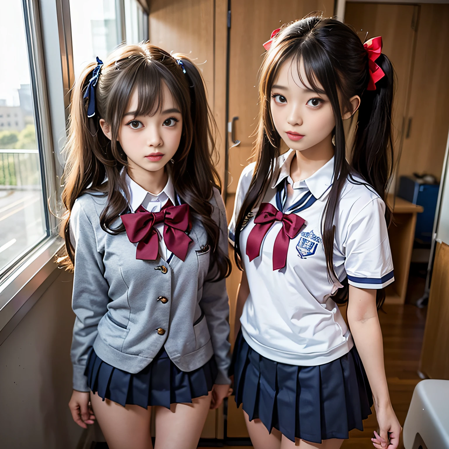 (High , Pleated mini-skirt:1.3), ((high-school uniform)),bow ribbon、 17 age, 2girls,  Twintail hairstyles,