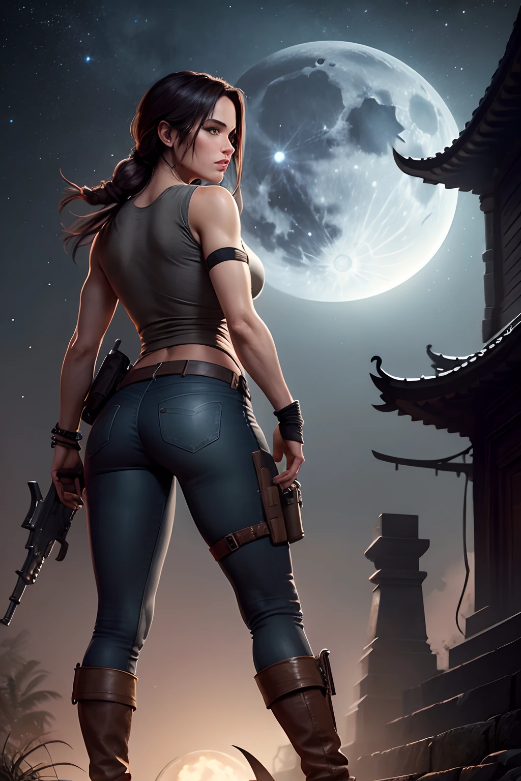 Lara Croft debout dans un temple la nuit, pleine lune, Les étoiles dans le ciel, portant une chemise grise et un jean noir et des bottes longues