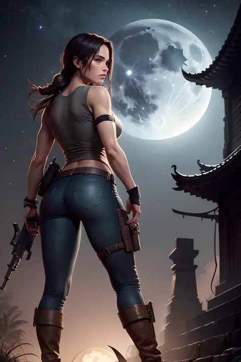 Lara Croft standing at a temple at night, full moon, stars in the sky, wearing grey shirt and black jeans and long boots