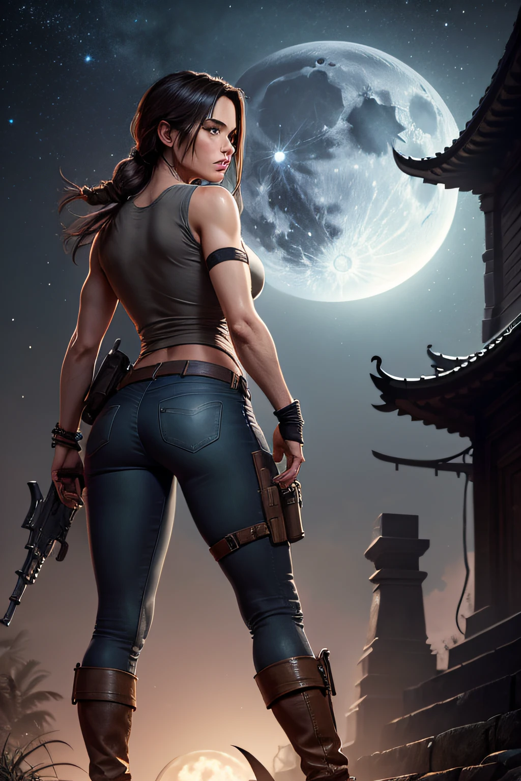 Lara Croft steht nachts an einem Tempel, Vollmond, Sterne im Himmel, trägt ein graues Shirt, schwarze Jeans und lange Stiefel