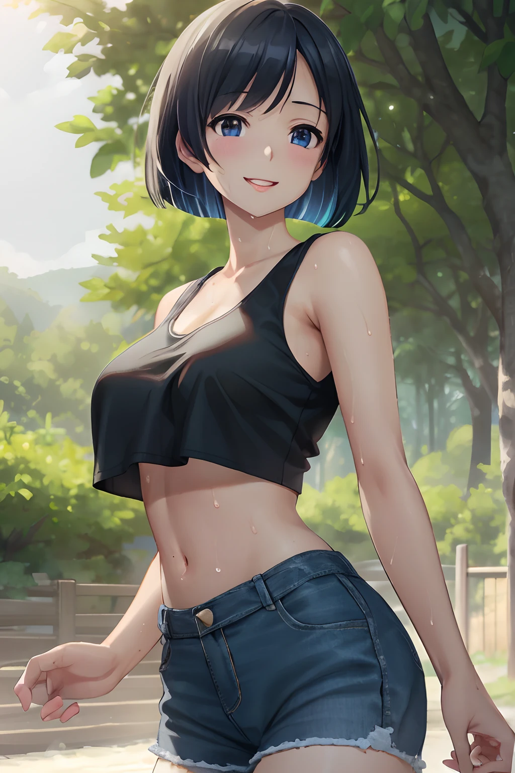 Anime girl with blue hair and black top posing in the park - SeaArt AI