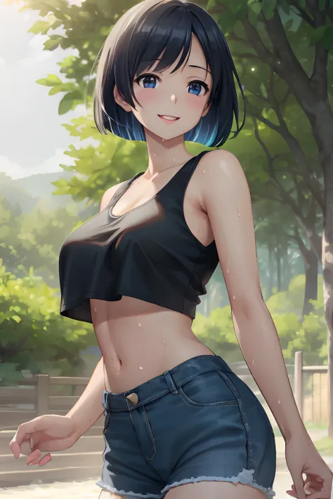 NSFW,High quality, (game cg:1.3), 1 girl, 35 years old, A MILF, mideum breasts, Black Bob Cut, (Happy smile:1.1), (Black tank top, underboob), Blue Hot Pants, Hot springs in the forest, Walking, Cowboy Shot, eyecontact, Sunlight, (Sweat:1.1)