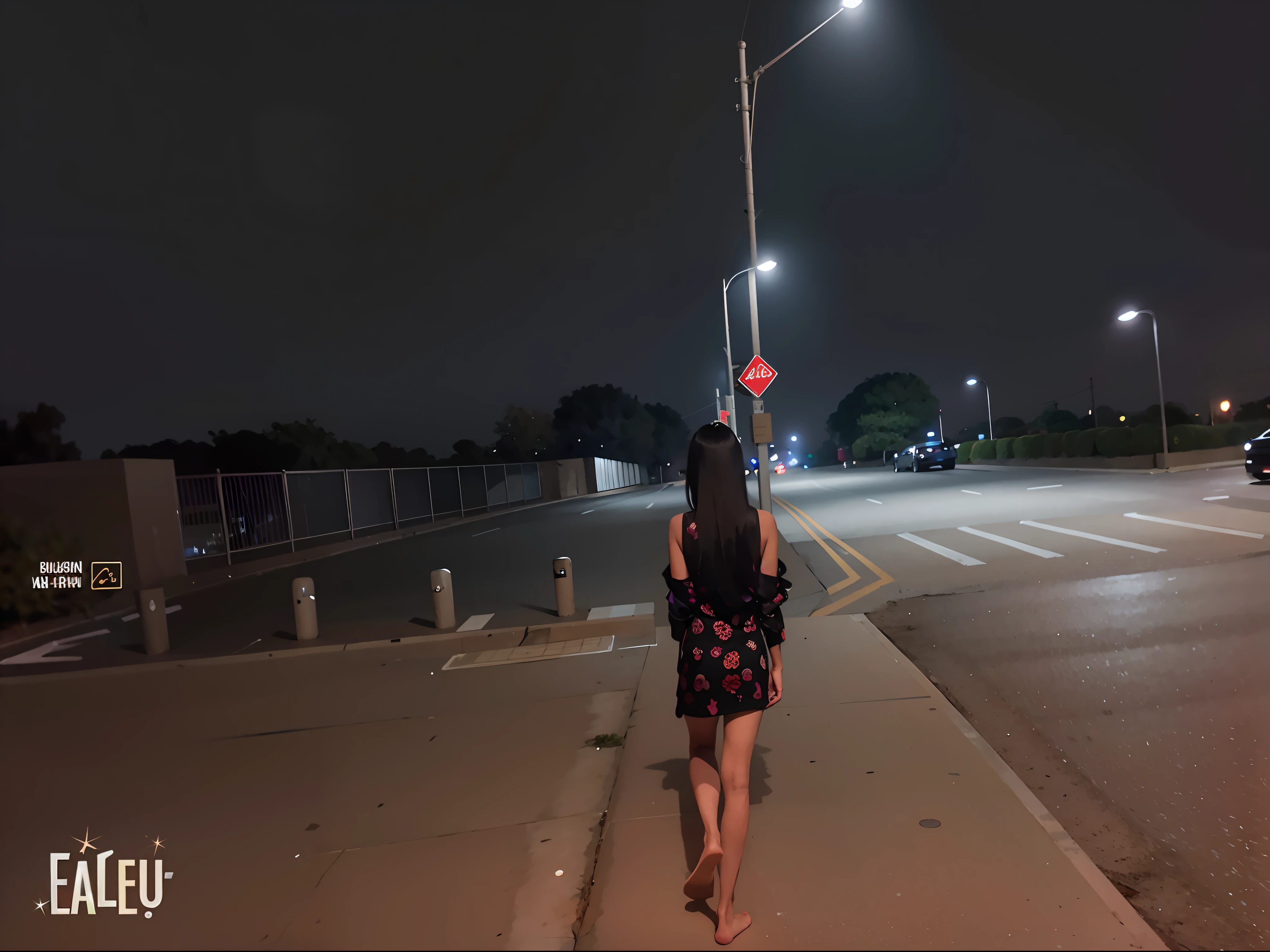 Araffe walking down the sidewalk at night with a stop sign - SeaArt AI