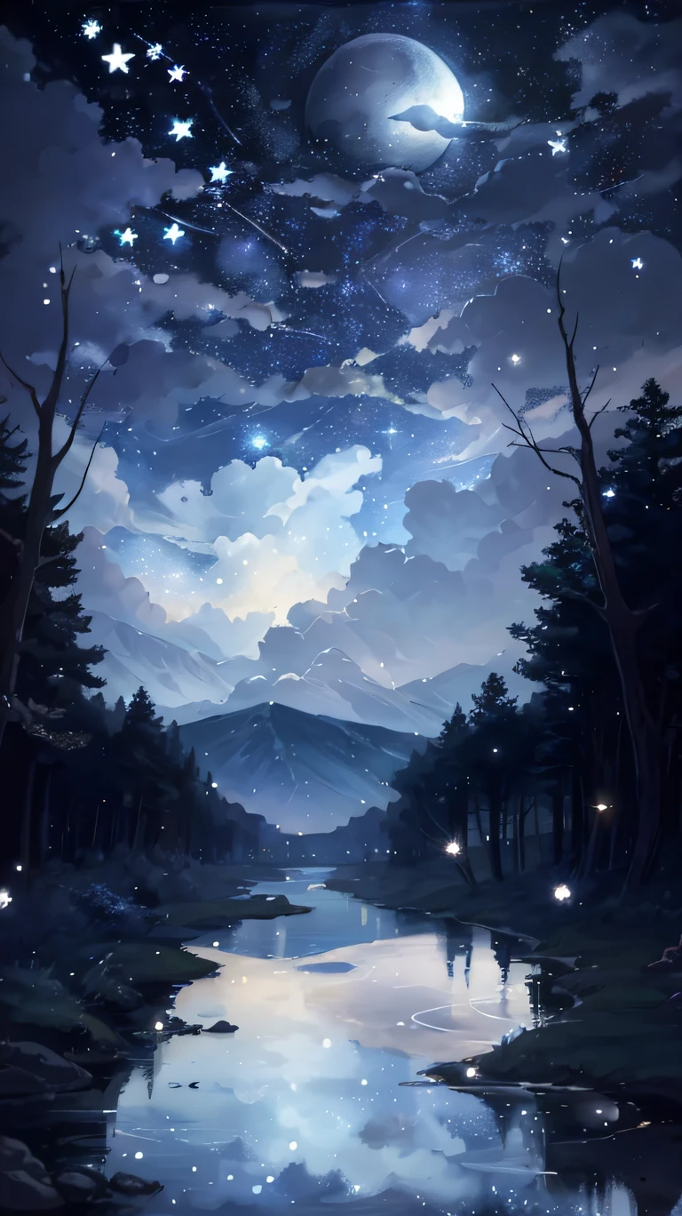 uma pintura de um rio com estrelas e uma lua no céu, Arte conceitual inspirada em Tosa Mitsuoki, vencedor do concurso pixiv, arte de fantasia, Linda cena de anime, ambiente de céu estrelado ao luar, pintura de uma paisagem de sonho, Fundo de anime art, arte de cenário de sonho, noite sonhadora, Fundo de anime, arte de fundo, arte sonhadora, anime atmosférico, céu velho