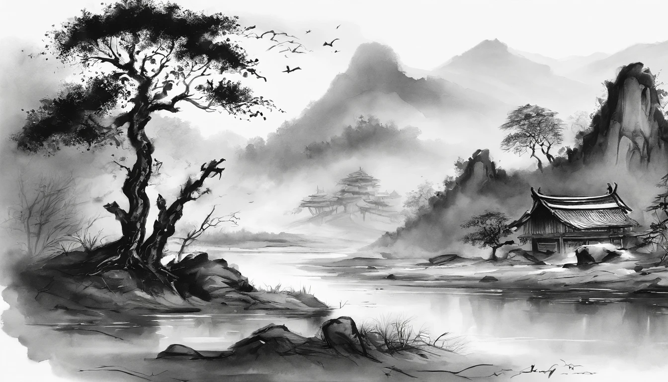 Dead vines，old trees，Ravens rest in trees，small bridges，flowingwater，Thatched house，Smoke，An ancient road，The wind blows from the west，A skinny horse，The sun sets，Broken intestines are at the end of the world，Black and white ink painting，Black and white gray，（Chinese landscape painting），（ink and watercolor painting），（8k wallpaper），Extremely detailed picture depiction，wide angles，depth of fields，tmasterpiece，realisticlying，Beautifully depicted，A detailed，acurate，Works of masters，tmasterpiece