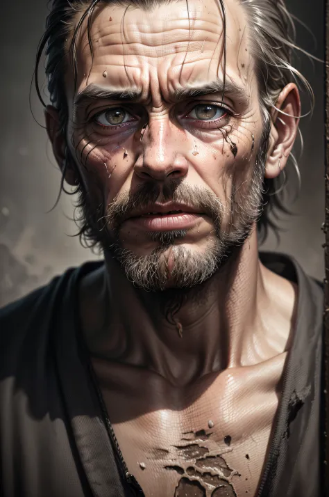 (best quality,4k,8k,highres,masterpiece:1.2),ultra-detailed,(realistic,photorealistic,photo-realistic:1.37),oil painting,portrait,gritty,emotive,heartbreaking,charcoal,facial hair,sad,intense expression,poverty,worn clothes,long unkempt hair,rough texture,...