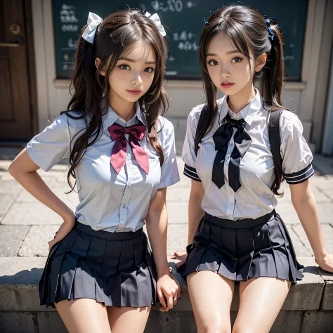 (High School Uniform, Pleated mini-skirt:1.3), ((high-school uniform)),bow ribbon、 17 age, 2girls,  Twintail hairstyles,pretty e...