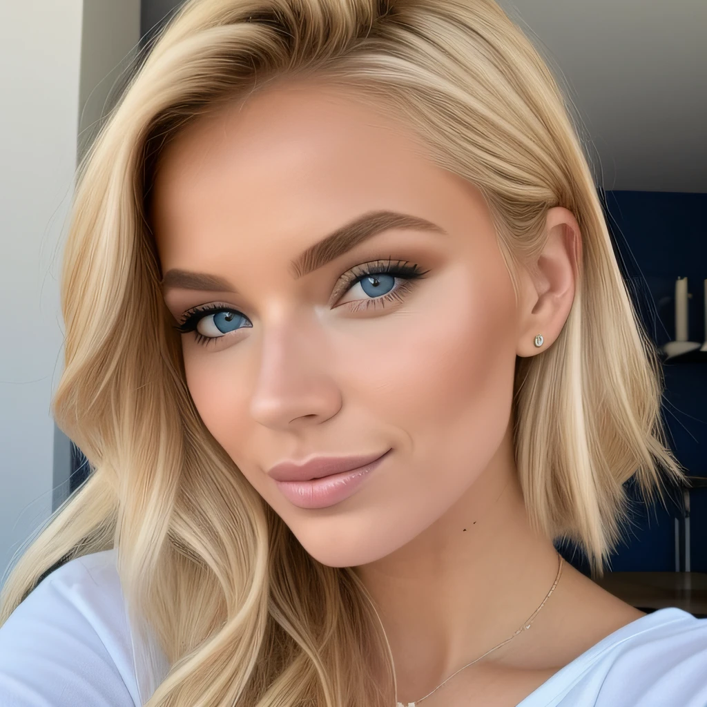 A woman with blonde hair and blue eyes wearing a white shirt - SeaArt AI