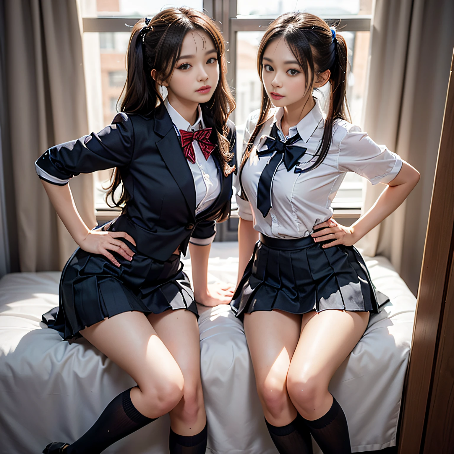 (High , Pleated mini-skirt:1.3), ((high-school uniform)),bow ribbon、 17 age, 2girls,  Twintail hairstyles,pretty eyes、4k,8k,