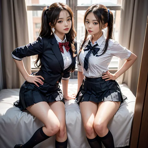 (High School Uniform, Pleated mini-skirt:1.3), ((high-school uniform)),bow ribbon、 17 age, 2girls,  Twintail hairstyles,pretty e...