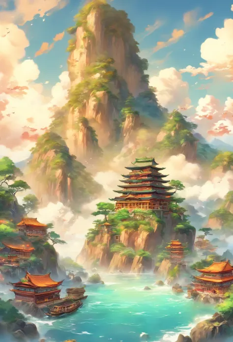 (((islands)) best quality, ultra-high resolution, 4K detailed CG, masterpiece, archipelago, islands, islet, sea, water, river, Shui Mo Hua, Chinese painting style, Thangka style, aesthetic, beautiful image, centered on the screen