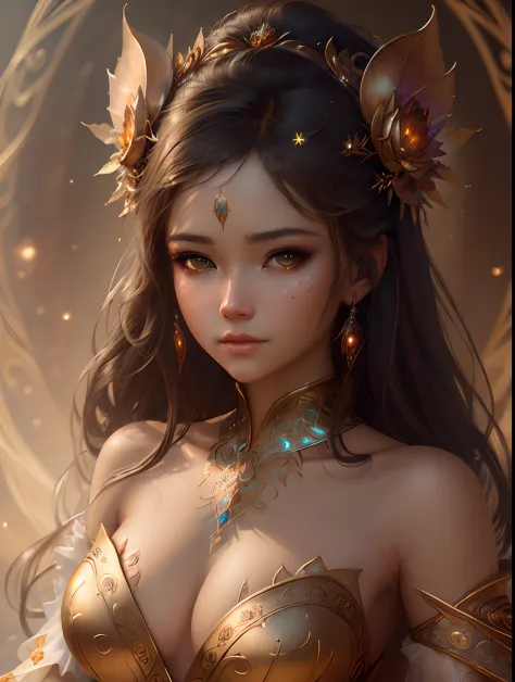 ((best quality)), ((masterpiece)), (detailed), close-up, person wearing dress, fantasy art, , 3D goddess portrait, style of ross tran and wlop, captivating lighting, 8k resolution, striking facial expression, (elaborate costume details:1.3), vibrant colors...