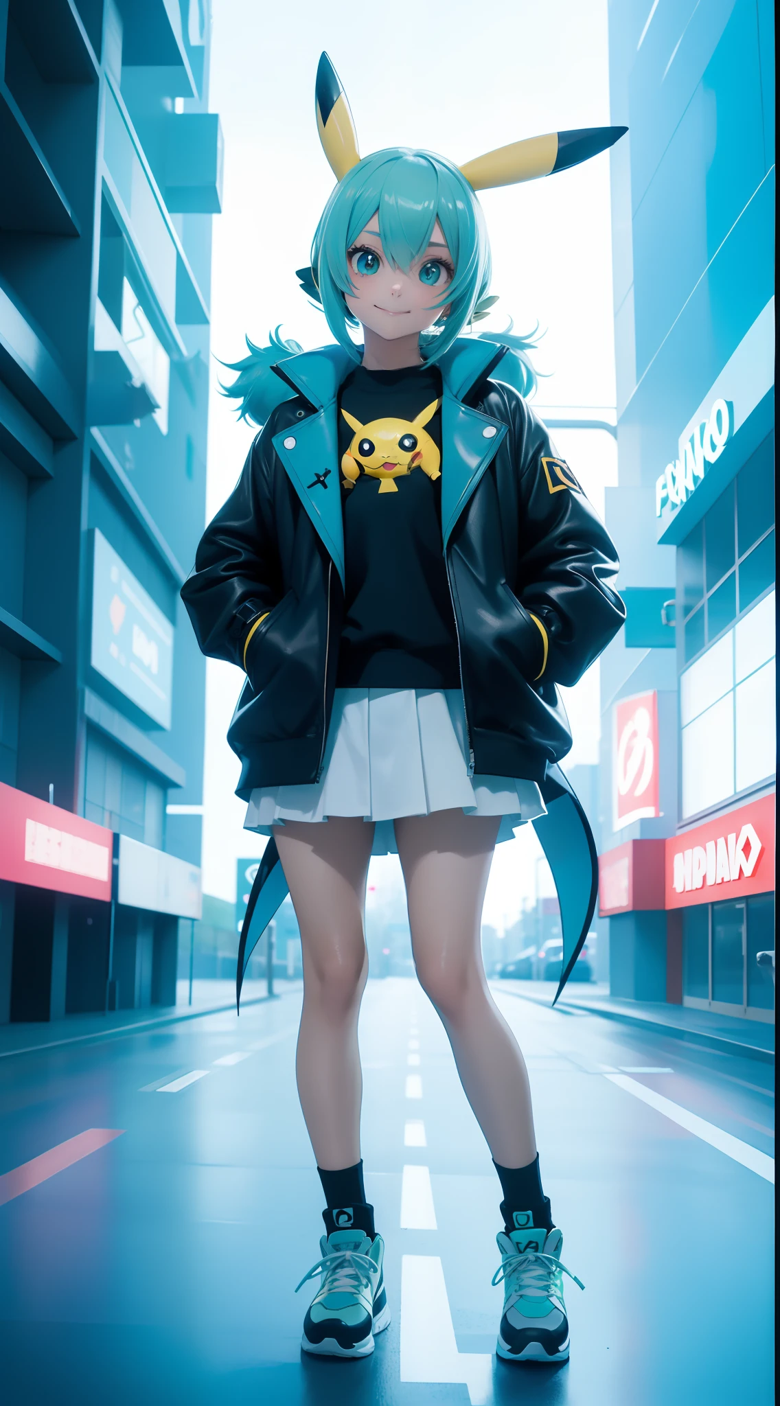 Pikachu、miku hatsune、Pokémon, Pikachu Coat，surrealism, Realism, Cinematic lighting, Fuji Film, Sony FE, Sony FE GM, hyper HD, masutepiece, High quality, hight resolution, Super Detail，Pikachu, A teenage girl, White skinned, hands in the pocket，sexy for, Smiling，leather jackets, Short denim skirt, Blonde hair, Gradient Hair, aqua eyes