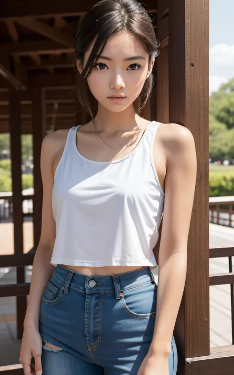 ​masterpiece, top-quality, 8k, official art, raw foto, beautiful a girl, cute  face, tank tops, teen, a park, cowboy  shot、a hyp...