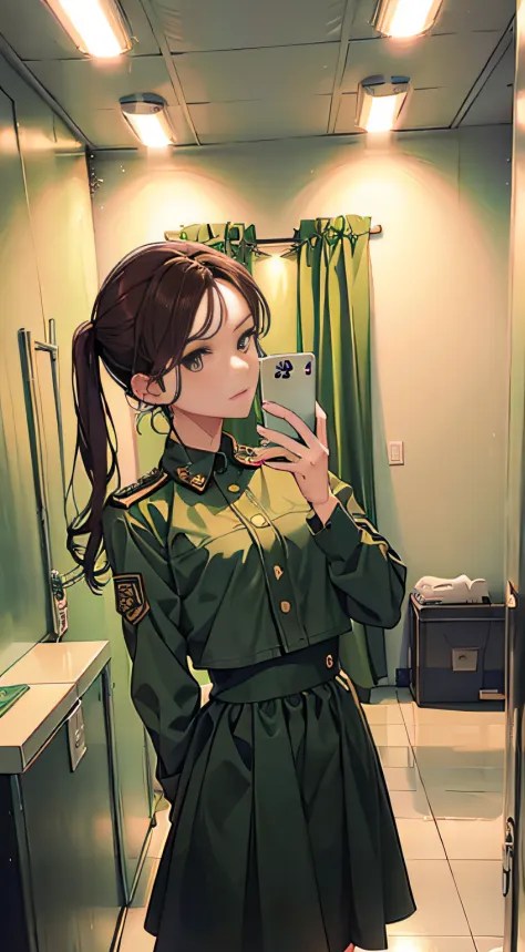 woman in green uniform taking selfie in public bathroom mirror, dang my linh, military girl, wearing military outfit, wearing mi...