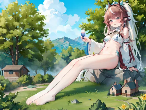 NSFW，Clouds， ln the forest，mountain ranges，koyama， Masterpiece, Best quality, Highly detailed,Masterpiece,Best quality,offcial art,Extremely detailed Cg Unity 8K wallpaper，{{{Giantess}}}，Giant，1girll，Miniature village，Destroyed villages，without wearing sho...