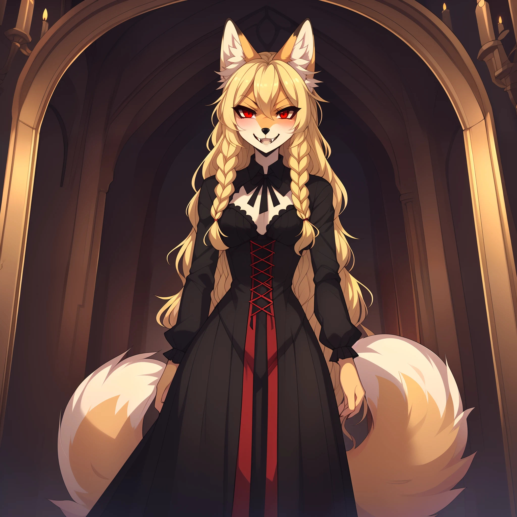 Kimiko, solo:1.3, red eyes, cute blonde anthro fox girl, long wavy hair, in a fancy dark mansion, huge detailed environment, wearing black vampire clothes, grinning, furrowed eyebrows, large vampire fangs:1.2,