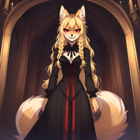 Kimiko, solo:1.3, red eyes, cute blonde anthro fox girl, long wavy hair, in a fancy dark mansion, huge detailed environment, wea...
