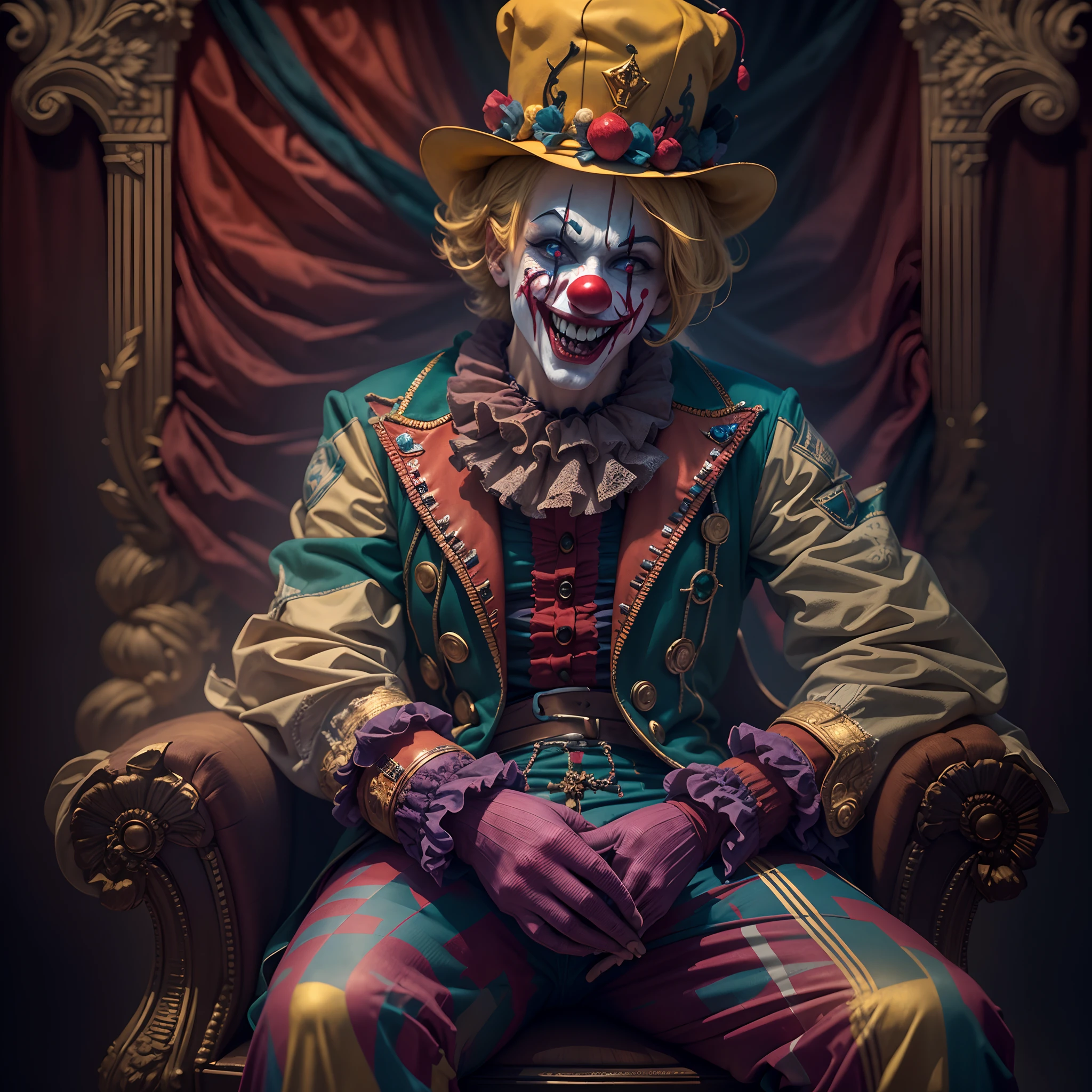 Clown sitting in a chair with a clown hat and gloves - SeaArt AI