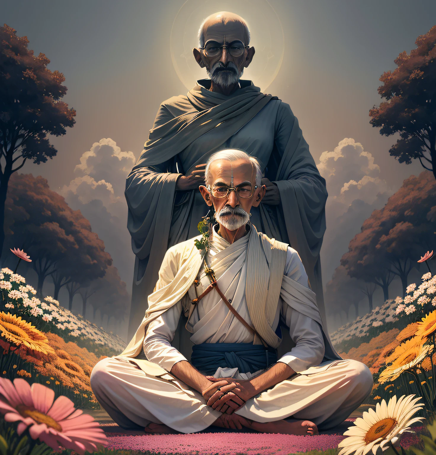 Ein friedfertiger Mann mit einer kraftvollen Botschaft, Mahatma Gandhi steht hoch erhoben in einem Feld leuchtender Blumen, seine Augen sind in Meditation geschlossen, während er über den Weg zur Wahrheit nachdenkt .