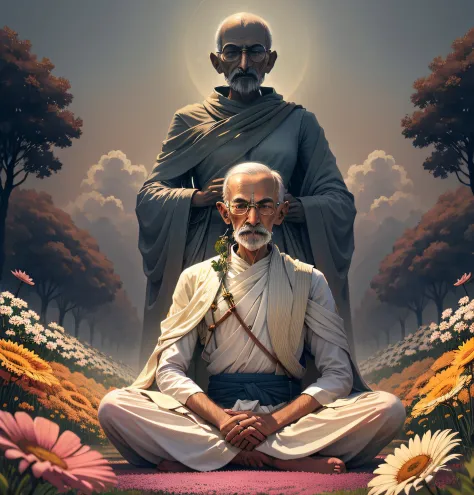 A peaceful man with a powerful message, Mahatma Gandhi stands tall in a field of vibrant flowers, his eyes closed in meditation ...