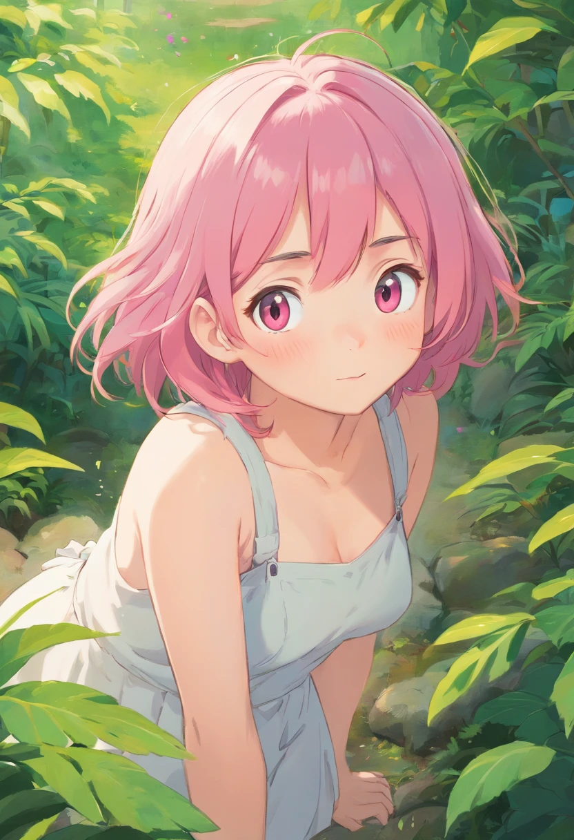 A woman with pink hair and a white dress is standing in the grass - SeaArt  AI