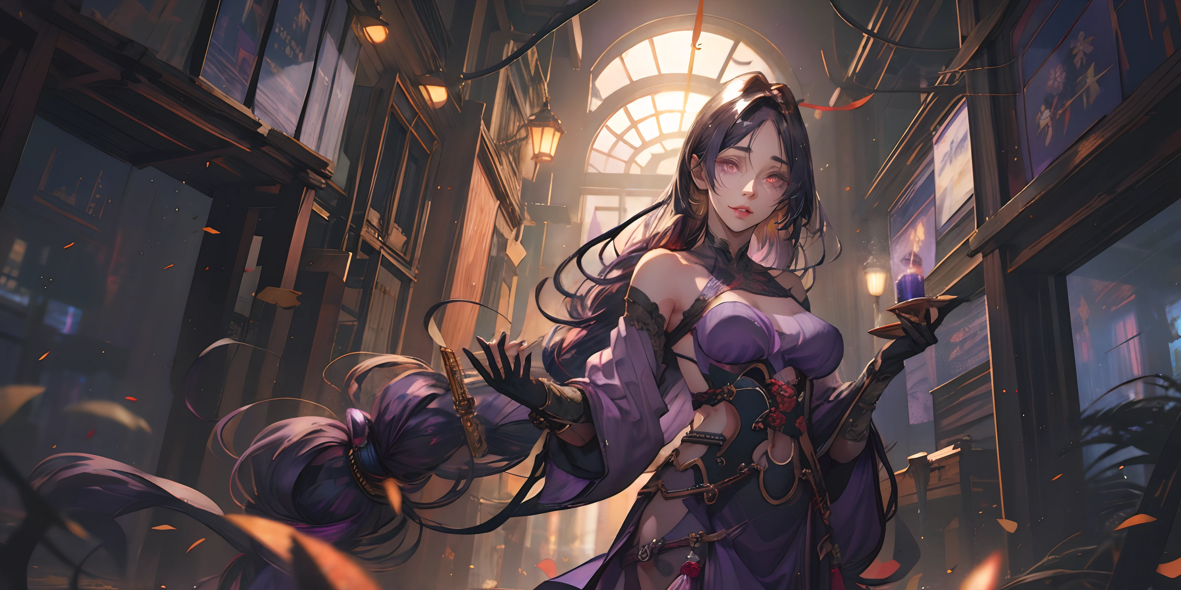 hmmr1, minamoto no raikou (fate), (dark-purple hair, long hair:1.7), purple eyes, epic art, fantasy art, 1girl, breasts, solo, sword, looking_at_viewer, armor, bare_shoulders, purple_kimono, gloves, cleavage, large_breasts, japanese_clothes, lantern, kusazuri, floating_hair, indoors, standing, holding, candle, glow effects, godrays, Hand drawn, render, 8k, octane render, cinema 4d, blender, dark, atmospheric 4k ultra detailed, cinematic, Sharp focus, big depth of field, Masterpiece, colors, 3d octane render, 4k, concept art, trending on artstation, hyperrealistic, Vivid colors, extremely detailed CG unity 8k wallpaper, trending on CGSociety, Intricate, High Detail, dramatic,