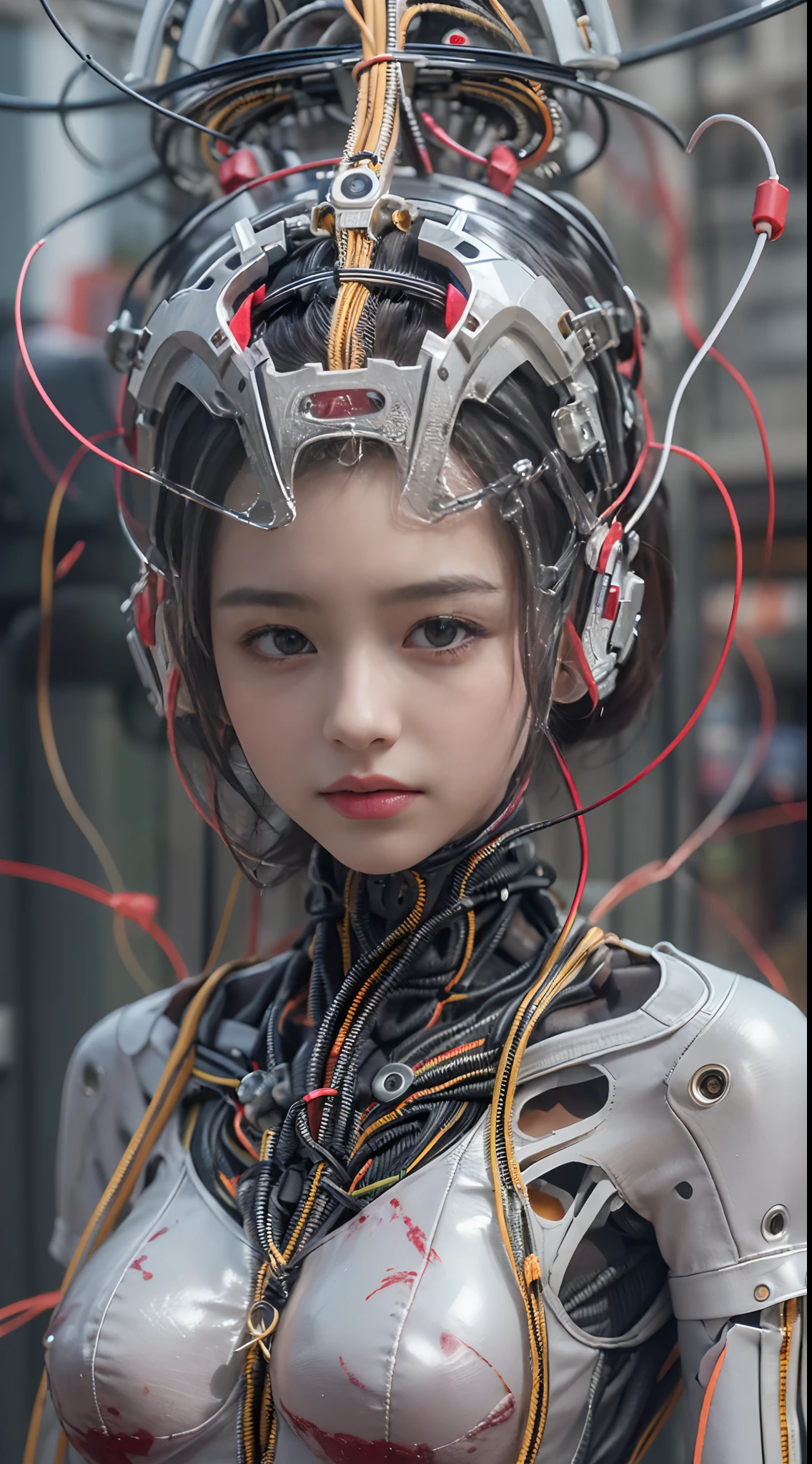 (((Masterpiece))), (((Best quality))), ((Ultra-detailed)), (Highly detailed CG illustration), ((An extremely delicate and beautiful)),(cute delicate face),Cinematic light,((1机械女孩)),独奏,full bodyesbian,(machine made joints:1.4),((Mechanical limb)),(blood vessels attached to the tube),((Mechanical vertebrae attached to the back)),((mechanical cervial attaching to neck)),(wires and cables attached to head and body:1.5),((((Standing in the heart of the city))),Science fiction