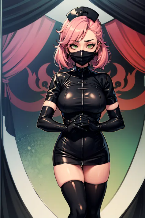 black nurse, 1woman, black nurse cap, black wear, ((black legwear, zettai ryouiki)), black elbow gloves, pink hair, green eyes, ...