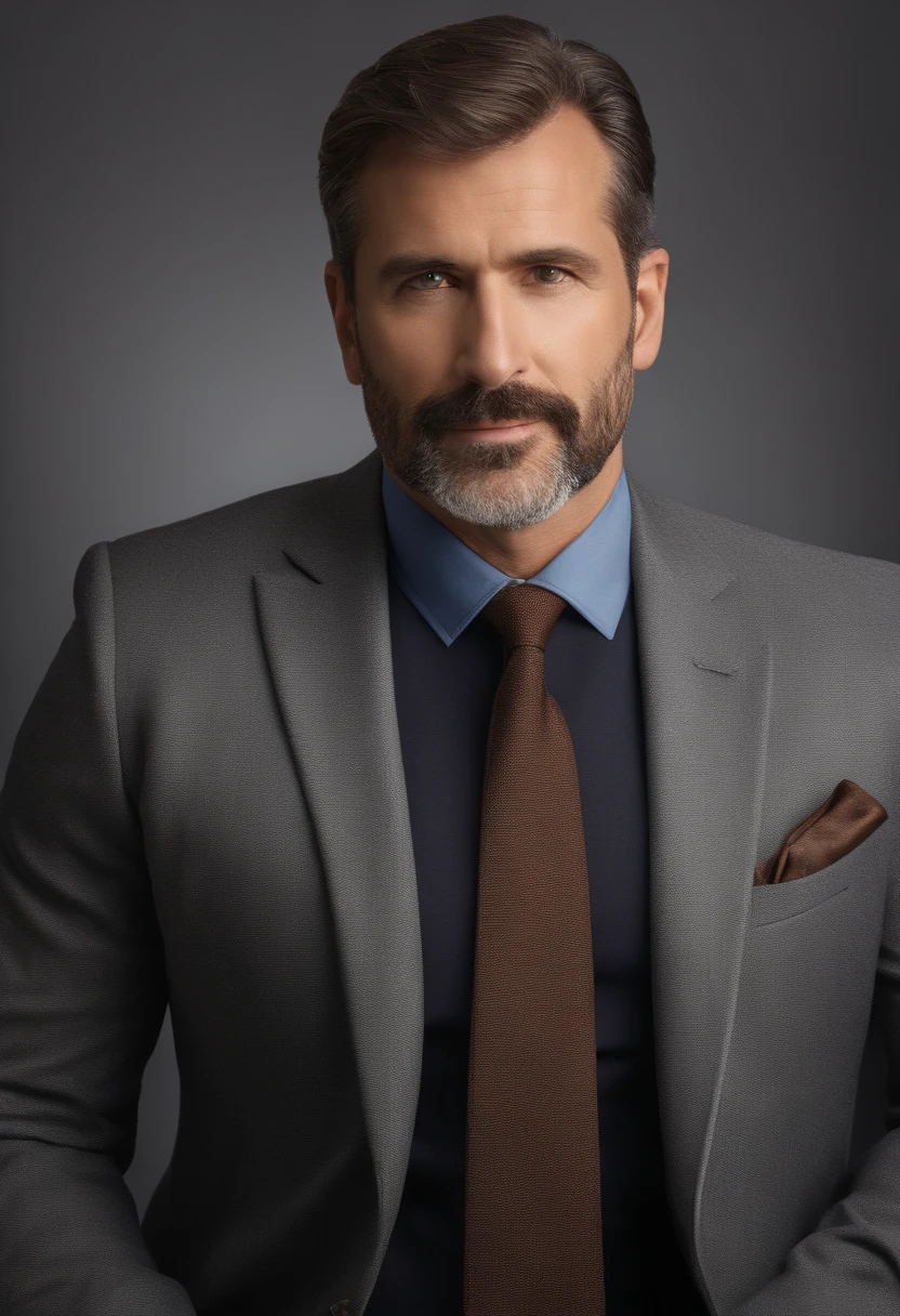 realistic portrait of middle-aged business professional, 110 pounds weight, professionally dressed in a suit and tie, high-quality, highest resolution, looking straight into the camera, professional, beautiful detailed eyes slightly brownish, beautiful detailed lips, short beard, graying short hair, kind expression, warm smile, distinguished look, proper lighting, plain background, canvas medium, ultra-detailed texture,masterpiece:1.2