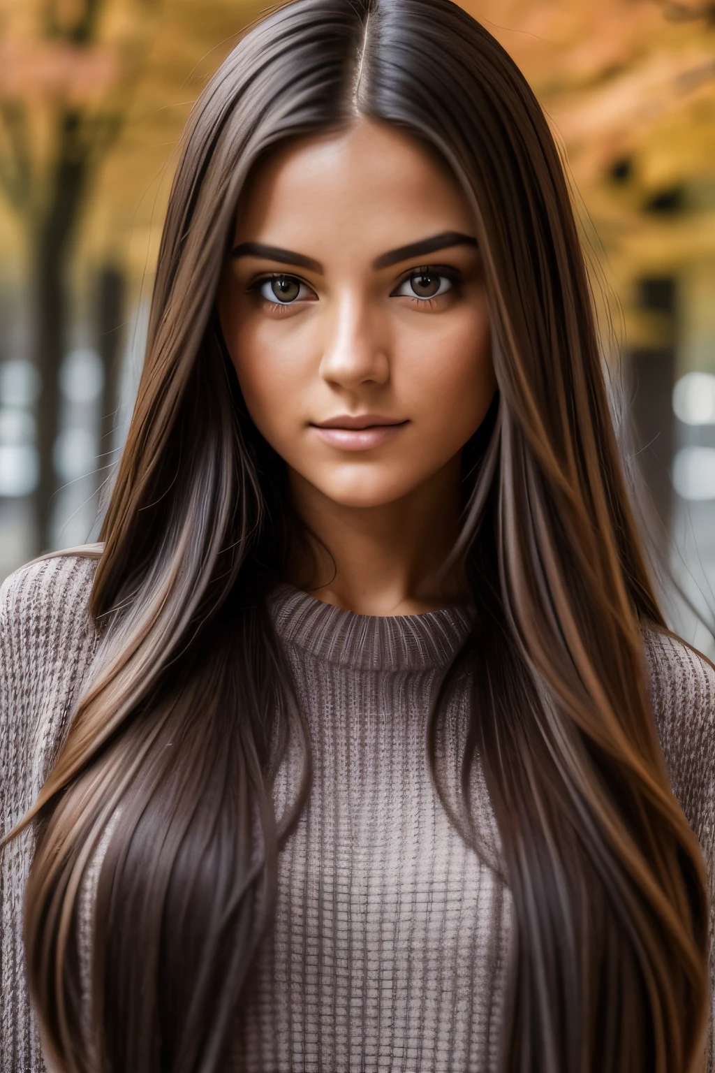 A woman with long brown hair and a sweater - SeaArt AI