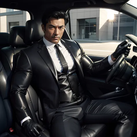 50 years old,daddy,shiny suit sit down in car,k hd,in the office,muscle, gay ,black hair,asia face,masculine,strong man,the boss...