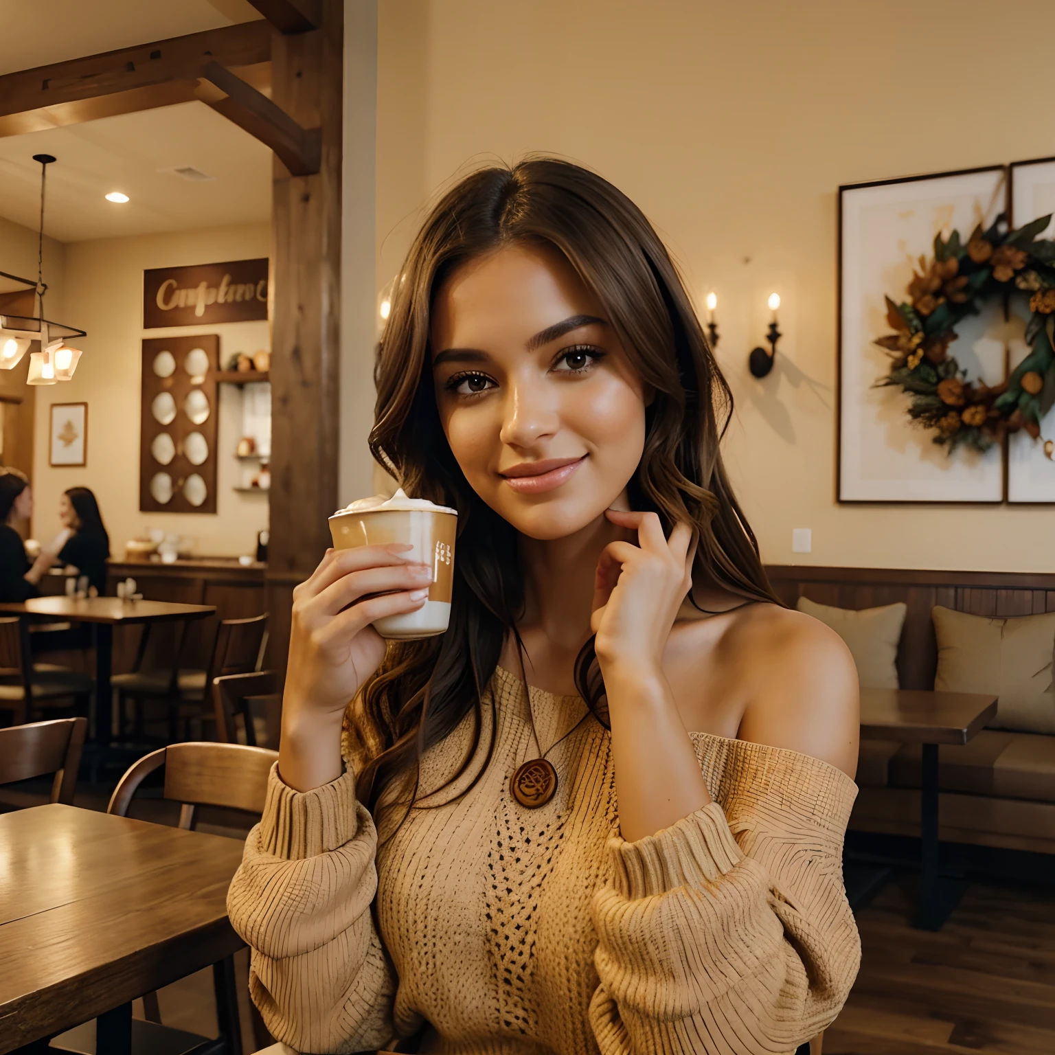 Generate captivating photographs of otoño, el encantador influencer, mientras disfruta del deleite estacional de un café con leche con especias de calabaza. otoño, en sus veintitantos, mide alrededor de 5&#39;4" alto, con largo, cabello castaño ondulado que cae elegantemente sobre sus hombros. Su atlética figura de reloj de arena., elegantemente acentuado por un busto lleno, combina maravillosamente con su impecable, bronceado bañado por el sol. otoño's expressive brown eyes radiate charisma, reflejando su comportamiento relajado y confiado.

otoño's cozy chic ensemble perfectly captures the essence of the season. Lleva un atractivo suéter con hombros descubiertos en un color atractivo., mostrando su escote y clavícula. combinado con un ajuste ceñido, vaqueros de cintura alta, este conjunto resalta su figura con sofisticación.

el encantador, rustic coffee shop setting immerses otoño in the warmth of fall, adornado con una decoración otoñal que realza el ambiente acogedor. suave, una iluminación difusa la envuelve en un resplandor dorado, creando una atmósfera acogedora. Los alrededores incluyen asientos acogedores., mesas rusticas de madera, y el rico aroma del café recién hecho, all capturing the essence of otoño's delightful pumpkin spice latte experience.

en momentos sinceros, otoño enjoys her latte, perdido en sus pensamientos mientras mira por la ventana o comparte una sonrisa brillante. Las fotos capturan la comodidad y tranquilidad de la cafetería., reflejando la simple alegría de saborear una bebida caliente, bebida de crema batida y canela. la iluminación natural realza el ambiente acogedor, bringing to life the essence of otoño's heartwarming coffee moments.

Con maquillaje intenso, un ambiente acogedor, y características que son meticulosamente simétricas, Las fotografías adoptan técnicas fotorrealistas como el trazado de trayectoria., iluminación especular, luz facial volumétrica, cabello trazado, sombras visibles, y detalles intrincados. This creates an elaborate and hyper-realistic portrayal of otoño's heartwarming pumpkin spice latte moments.