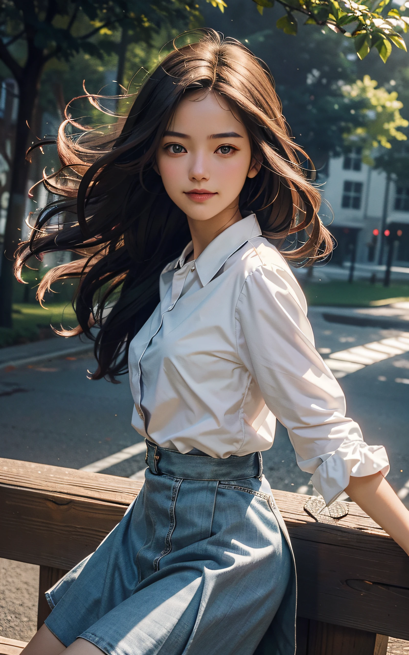 ​masterpiece, top-quality, in 8K, Official art, Raw foto, beautiful a girl, cute  face, White blouses, Teen, a park, cowboy  shot, A smile, A hyper-realistic, hight resolution, a picture, skirt by the, film grains, chromatic abberation, foco nítido, face lights, Dynamic lighting, Cinematographic lighting, highestdetailed, Extreme details, ultra-detailliert, detaile, extremely detailed eye and face,