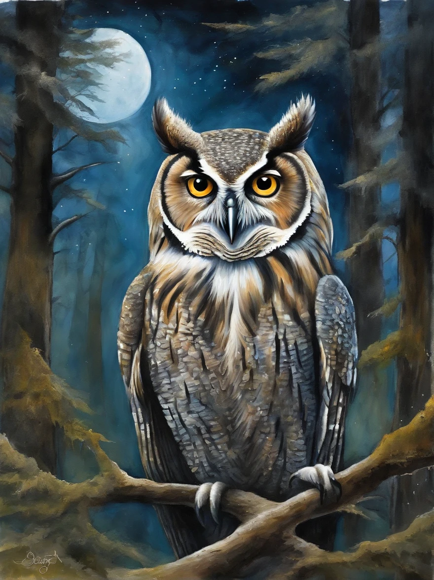 A majestic mythology owl with a tabby head black body and blue accent ...