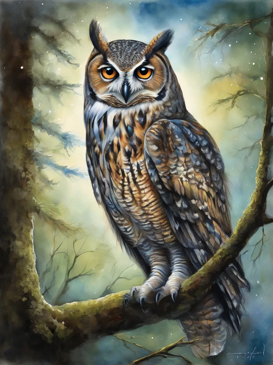 Painting of an owl perched on a tree branch in a forest - SeaArt AI