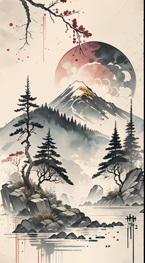 (Masterpiece, best quality: 1.2), (No_Humans), mountains in the distance, traditional Chinese ink painting, houses, tombstones, ...