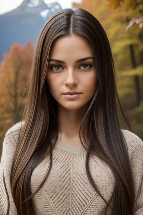 photography of a stunning girl, wearing a autumn jumper, long hair on ...