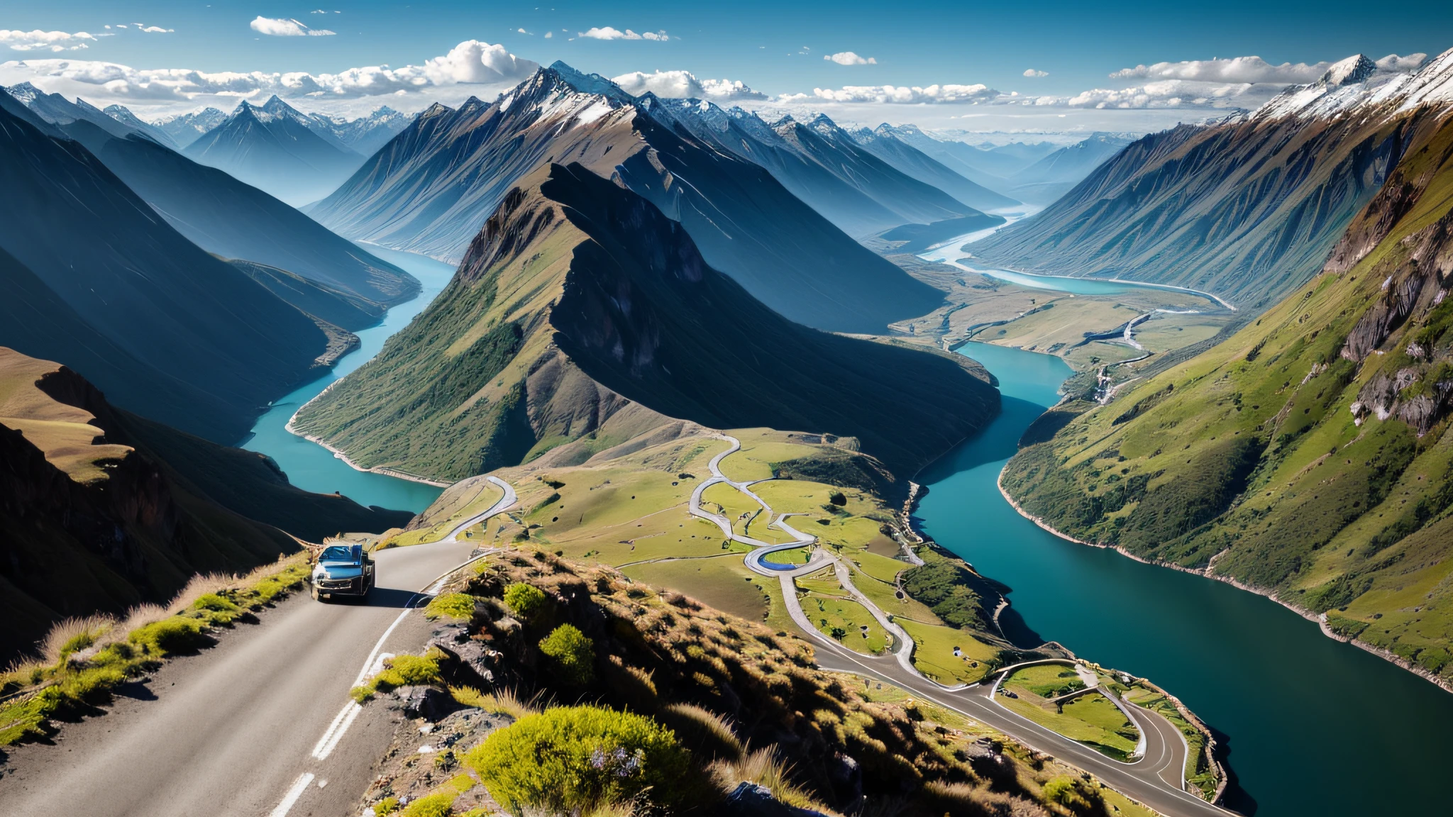 mountains with a river and a road in the middle of them, a detailed matte painting by Etienne Delessert, unsplash contest winner, visual art, new zealand, overlooking a valley, canada, looking down on the view, futuristic valley, breathtaking scenery, ryan dyar, looking down at the valley, new zealand landscape, in an epic valley, breathtaking landscape